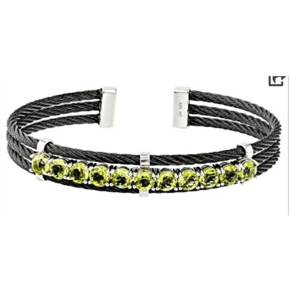 5 Carat Artisan Round Cut Genuine Lime Peridot Black Cable Rope Cuff Bracelert - Picture 5 of 6